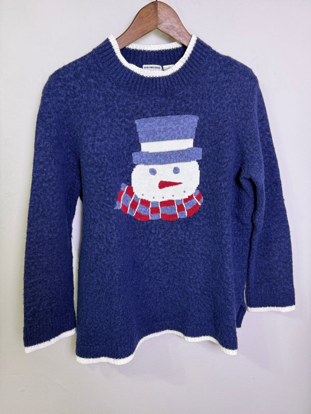 C.J. Banks Snowman Sweater Blue White Trim Hand Embroidered Women’s XL